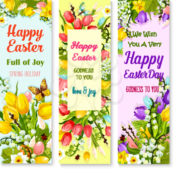 Easter spring flowers greeting banner set. Flower and coloured Easter egg floral bunches with tulip, lily, narcissus, snowdrop, willow tree twig, green leaves, butterfly and wishes of Happy Easter