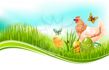 Easter template of paschal eggs and chicken hen in spring grass meadow and butterflies in blue sky. Vector Easter greeting card design for Resurrection Sunday religion holiday