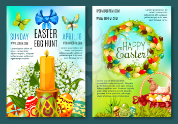 Easter holiday poster and Egg Hunt celebration invitation flyer template. Easter egg and spring flower wreath with green grass, chicken, egg hunt basket, ribbon, bow, butterfly and candle