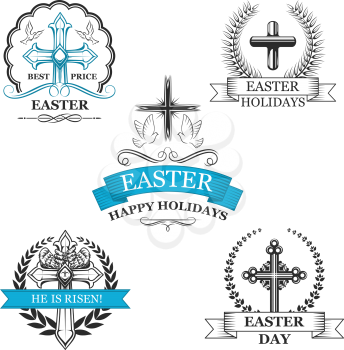 Easter Day holy cross badge set. Christian religion crucifix sign with flying dove bird, framed by laurel wreath and ribbon banner with text Happy Easter Holidays and He Is Risen