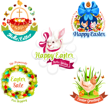 Easter holiday cartoon label set. Easter egg in egg hunt basket, rabbit bunny, spring flower wreath with ribbon, chicken, chick and crucifix cross for sale season tag and greeting card design