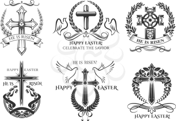 Easter icons of crucifix cross and paschal greeting text he is risen, be blessed, celebrate savior. Vector Happy Easter symbols of Christian catholic or orthodox religion doves and ornate wreath ribbo