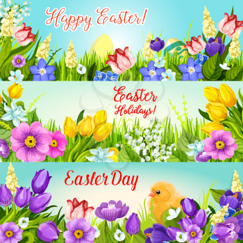 Happy Easter paschal eggs and springtime flowers bunch of crocuses, tulips, snowdrops and lily banners. Vector Easter Day greeting template for spring holiday of Resurrection Sunday religion celebrati