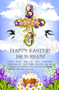 Easter cross with cake and egg greeting poster. Easter sweet bread and eggs on spring flower meadow with floral cross of tulip, narcissus and crocus flowers on the sky. Easter holiday themes design