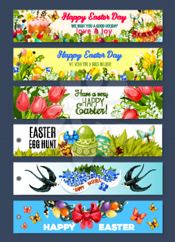 Easter gift tag set. Easter holiday egg hunt basket with egg and cake in green grass with flower of tulip, lily and narcissus, floral wreath of willow twigs with ribbon bow, swallow bird and butterfly