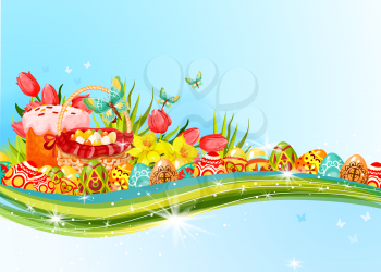 Easter egg hunt floral banner with copy space. Easter egg on grass with flowers of tulip and narcissus, Easter cake, egg hunt basket and butterfly. Easter spring holidays cartoon greeting card design