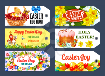 Easter Egg Hunt gift tag set. Painted Easter egg, cake, spring floral wreath of tulip, narcissus and lily flower, egg hunt basket, chicken chick, cross, lamb of God cartoon labels with greeting wishes