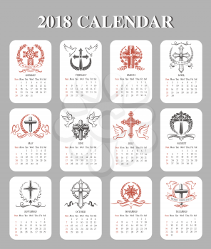 Calendar 2018 Easter design template of paschal crucifix cross symbols. Vector icons of Happy Easter greeting text He is risen, Be blessed and religion holiday doves, ribbons and floral wreath