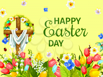 Happy Easter Day greeting card. Crucifix cross on spring flower meadow with floral wreath of Easter egg, tulip, lily and narcissus flowers, willow tree twigs. Easter holiday floral poster design