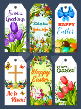 Easter greeting tag and holiday gift label set. Easter egg, egg hunt rabbit bunny, spring flower of tulip and lily, Easter cross, floral wreath with ribbon bow, butterfly and willow twig cartoon cards