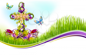 Happy Easter greeting card template with paschal eggs, crucifix cross decorated by floral wreath bow of spring flowers and butterflies. Vector design for Easter or Resurrection Sunday religion holiday
