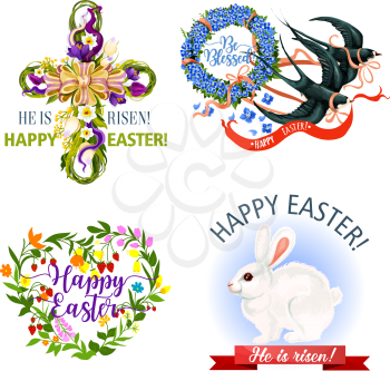 Easter icons of paschal hut eggs and bunny, holy crucifix cross of floral heart bouquet and crocuses flowers wreath on flying swallows. Happy Easter religion holiday vector greeting design elements