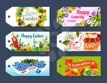 Happy Easter gift tag and greeting label set. Easter egg, rabbit bunny, egg hunt basket, floral wreath of egg and flowers of tulip, narcissus and lily, cross, candle and Happy Easter ribbon banner