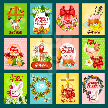 Easter holiday greeting card set. Easter egg and cake with flower of lily, tulip and narcissus, rabbit bunny, egg hunt basket, chicken, floral wreath with Easter cross and lamb of God banner design