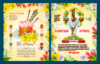 Easter Sunday poster template with egg and cross. Easter cake with painted egg, crucifix with floral wreath cartoon flyers, edged by flowers of tulip, lily, narcissus and willow twig with butterfly