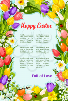 Happy Easter greeting poster with wreath of springtime flowers bunch. Spring Easter holiday tulips, snowdrops and lily of valley for card template on Resurrection Sunday religion celebration