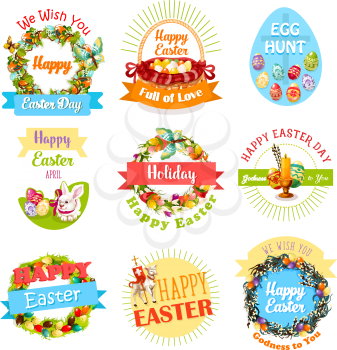 Easter egg and rabbit icon set. Easter egg hunt basket with egg, bunny, Easter lamb, cross and candle, framed by floral wreath of lily, tulip flower, willow twig and ribbon banner with greeting wishes