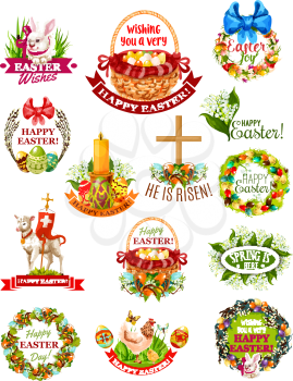 Easter holiday label and symbol set. Easter egg, rabbit bunny, spring flower of lily and tulip, egg hunt basket, chicken, floral wreath with bow, chick, Easter lamb, cross, candle with ribbon banner