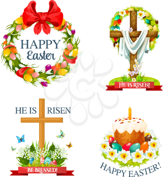 Easter paschal icons of holy crucifix cross with Christ shroud, paschal egg and cake with candle. He is risen, Happy Easter religion holiday greetings in ribbon wreath vector isolated symbols set