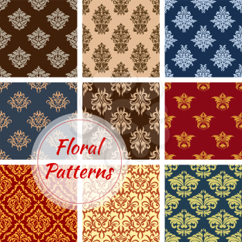Damask or floral seamless patterns and flourish tracery ornament tiles. Vector set of flowery adornment and luxury ornamental flowers and baroque or rococo vintage motif design for interior decor