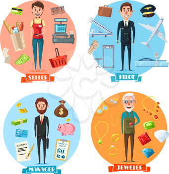 Professions of seller, manager, pilot and jeweler. Vector occupation implements and tools aircraft tickets, jewelry rings and gems, retail shopping cart or cashier, office and business stationery