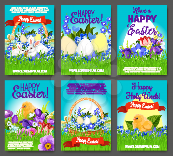 Happy Easter cartoon greeting card set. Easter egg, rabbit bunny, chicken and egg hunt basket on green grass meadow, with spring flowers of tulip, narcissus, crocus and ribbon banner with greetings