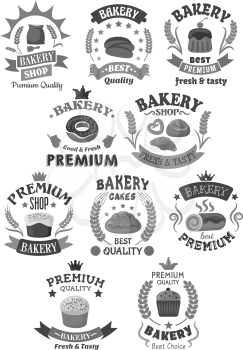 Bakery shop and pastry icons set of bread and desserts. Vector croissant and bagels or cupcakes and muffins. Symbols of flour bag and wheat ears, stars and ribbons for premium store