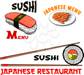 Japanese restaurant or sushi bar icons for seafood menu of salmon sashimi wrapped in nori seaweed, tempura shrimp or grill prawn, vegetable roll and chopsticks. Vector template symbols set