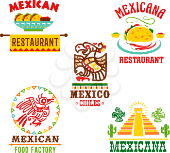 Mexican restaurant template icons set. Mexico cuisine symbols of chili pepper, tapas or burrito with spicy salsa and agave cactus. Vector badges set of Aztec or Maya ancient pyramids and totemic birds