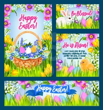 Easter Day banner template set. Easter egg in green grass of spring flower meadow with rabbit bunny, egg hunt basket and chicken chick, decorated by ribbon banner with greeting and lily, tulip flowers