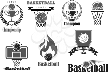 Basketball tournament or championship award badges or sport club symbols set of game ball and basket goal. Vector champion and winner cup prize, contest laurel wreath and victory stars