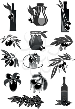 Olive fruits and olive oil bottles and pitchers symbols. Fresh green olive fruit harvest for Italian cuisine design or extra virgin oil food or cosmetic product packaging. Vector icons set