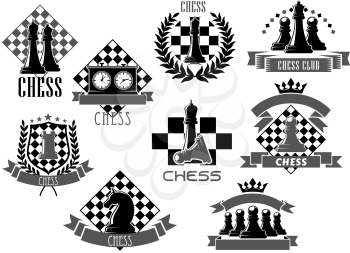 Chess club or tournament icons for chessplayer game contest or competition with chessman pieces on checkered shield. Vector symbols of king or queen and knight bishop, victory goblet cup prize on ches