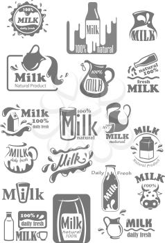 Milk icons for dairy products packaging labels. Vector icons of milk splash, bottle, jug or pitcher and box package. Cow and farm fresh natural badges for shop or market templates