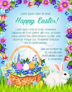 Happy Easter greetings of paschal eggs in flowers wicker basket and bunny. Vector poster design spring flowers bunch and ribbon frame of crocuses, daffodils and tulips. Easter religion holiday wishes 