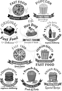 Fast food icons and badges for menu or restaurant signs. Vector set of burgers, hot dog sandwiches and pizza. Fastfood popcorn snacks, cheeseburger, french fries and cupcakes or muffin desserts
