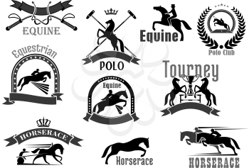 Polo or equine sport club vector badges. Horse races or equestrian jump show and racing contest symbols set. Icons of bat and whip, rider winner or horserace victory cup award and crown laurel wreath