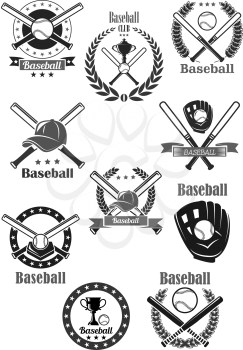Baseball tournament or sport club badges set. Vector icons of baseball glove, pin bat and ballplayer cap for championship victory award symbols. Winner cup goblet and ribbon or laurel wreath with crow