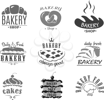 Bakery shop or patisserie template icons. Vector symbols of bread buns or loafs and wheat baguette and pretzel bagel. Pastry croissant, pie and chocolate cupcake desserts or tortes