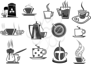 Coffee cups and coffee beans icons for cafe or cafeteria menu. Vector isolated set of hot chocolate mug, strong espresso or latte macchiato or frappe for coffeehouse or shop signs