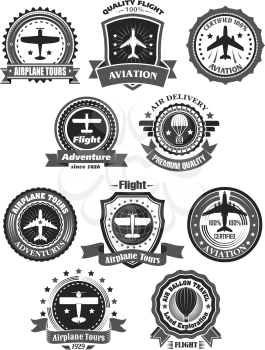 Aviation adventure and airplane tour adventure company or club. Badges round template set of old retro aircrafts, stars and banners for private tourist flight journey sport or air delivery service