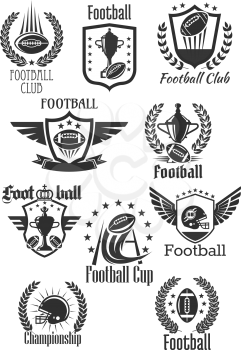 Rugby football club icons set for tournament or championship cup. Badges of fire rugby ball with wings and player safety helmet mask. Vector champion winner ribbon and goblet prize with crown of stars