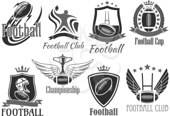 Rugby football club tournament or championship cup badges set. Vector icons of flying rugby ball on wings, player helmet, champion ribbon and winner goblet prize with crown of stars