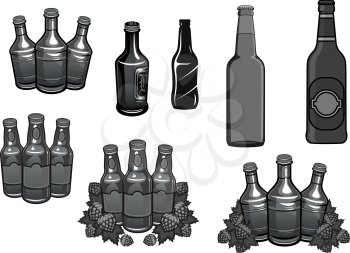 Beer and hops template icons. Vector set of beer bottles and hop plant cones or seeds. Symbols for craft brewing company or alcohol drink brewery bar or Oktoberfest pub sign