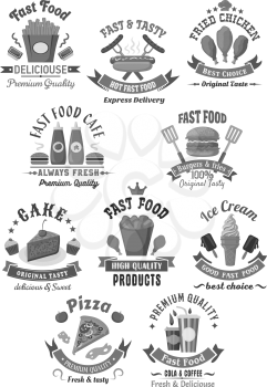 Fast food snack and dessert for menu or restaurant signs. Burgers, hot dog sandwich and pizza, french fries and cake or cupcake, popcorn and cheeseburger burger or ice cream. Vector fastfood isolated 