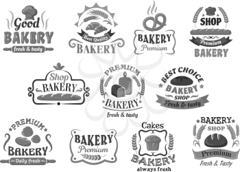 Bakery bread and cakes icon templates of bagel buns and loafs or wheat toasts, chocolate muffin or cupcake pastry, rye bread baguette and croissant bannocks. Vector isolated premium signs or symbols