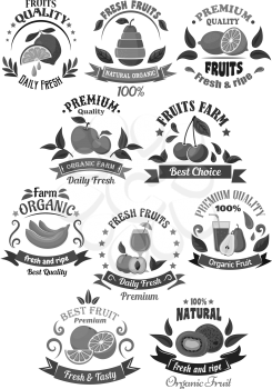 Fruits icons for fresh juice or farmer product market label. Orange lemon citrus, cherry berry, exotic banana, kiwi and pineapple, pear or peach and apple or apricot. Vector isolated glass tags and ri