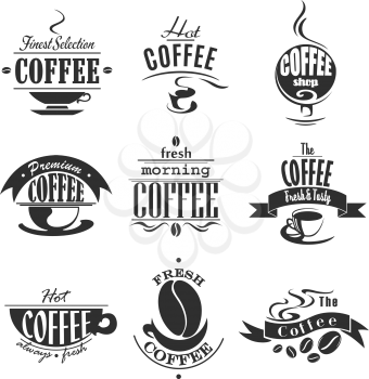 Coffee shop icons of coffee bean and hot drink mugs or cups. Vector isolated symbols of hot chocolate, strong espresso, latte macchiato with milk frappe for cafe or cafeteria menu and coffeehouse or s