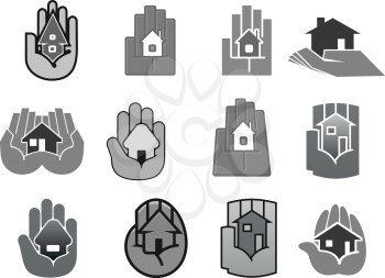 House or building in hands icons for real estate security guard or insurance company. Vector template symbols set for housing construction, rent or sale agent and investment concept