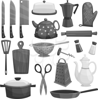 Kitchenware or kitchen utensils and dishware icons of saucepan and coffee maker or knife, grater, teapot and cooking glove, butter and oil, salt or pepper, rolling pin and cutting board. Vector isolat